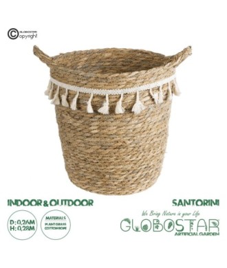 GloboStar® Artificial Garden SANTORINI 20573 Διακοσμητικό Πλεκτό Κασπώ Γλάστρα - Flower Pot Μπεζ με Λευκό Φ26 x Υ28cm